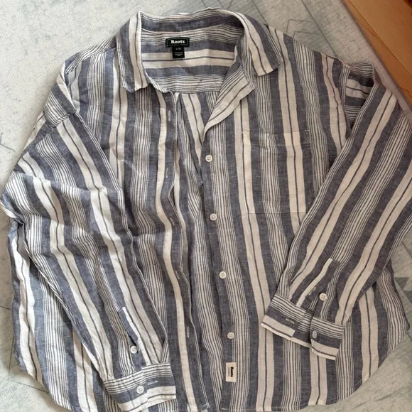 Roots Navy and White Striped Button-Down Linen Shirt - Picture 1 of 4